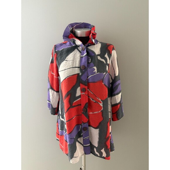 Yushi Tunic Top Size S Red Gray Lagenlook Flowy Artsy Wire Collar Lightweight - Picture 1 of 16